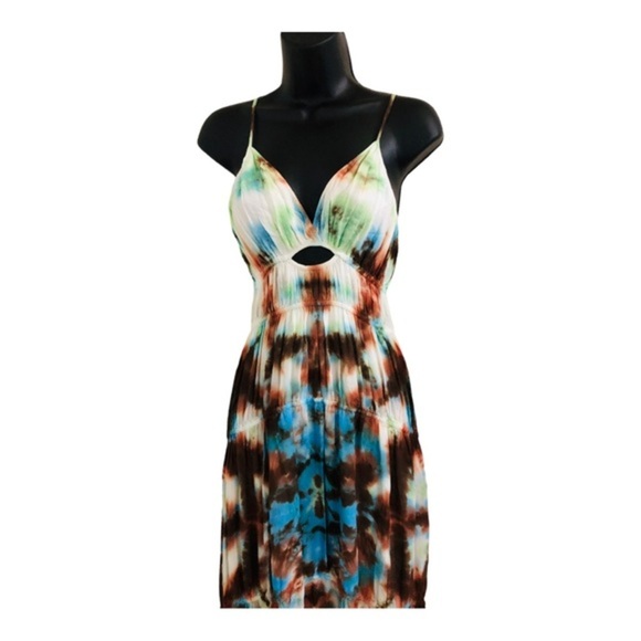 YFB Young fabulous & broke delphine chiffon blue brown tiedye cutout maxi dress - Picture 11 of 16